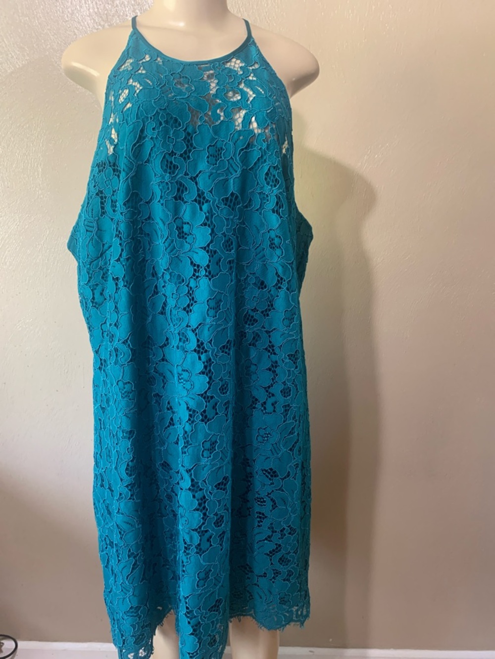 Free People Hutch size 2X Teal Floral Lace Halter Back Dress Lined, NWT - Picture 3 of 10